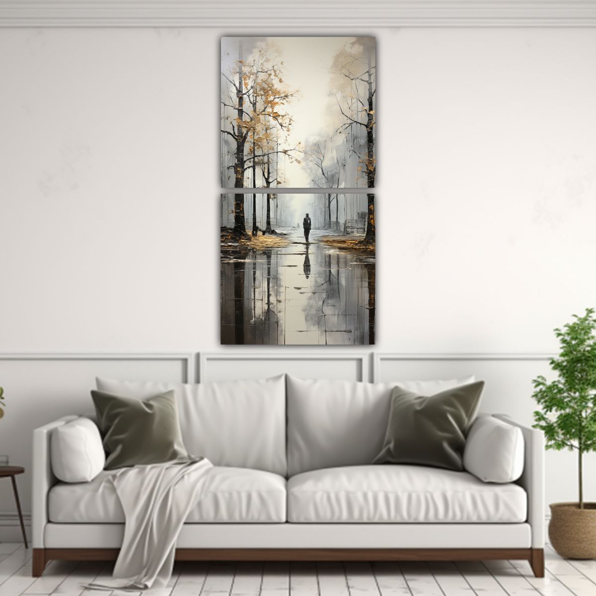 GENERICO - Pintura Abstracta De árboles En Plata Y Blanco 80x160 Cm