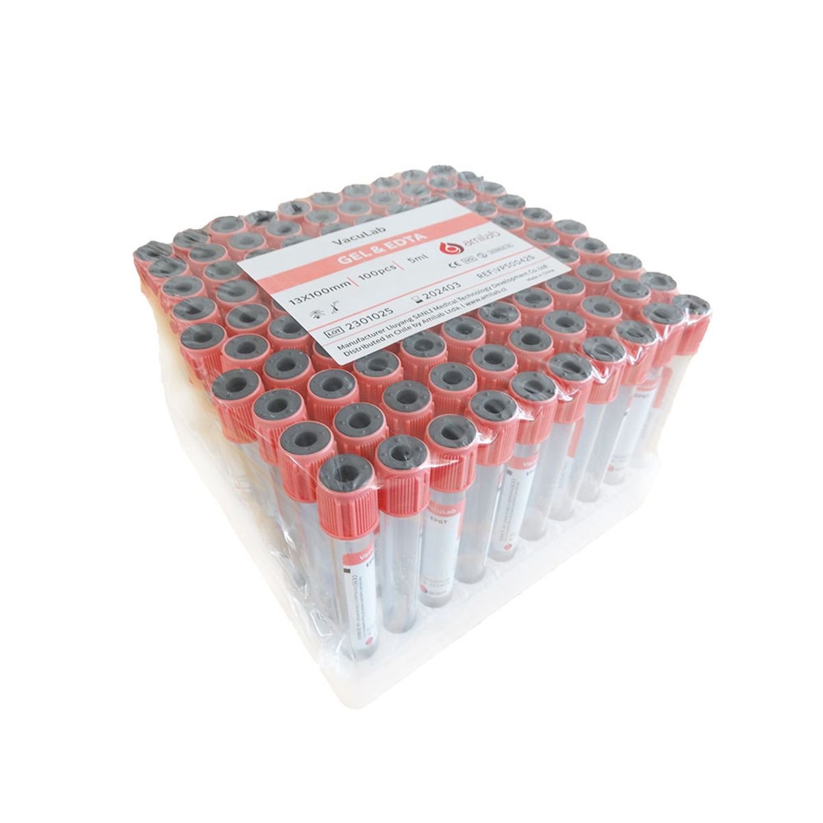 GENERICO - Tubo tapa rosado PPGT EDTA Gel, 5ml Vaculab, 13x100mm 100 unidades