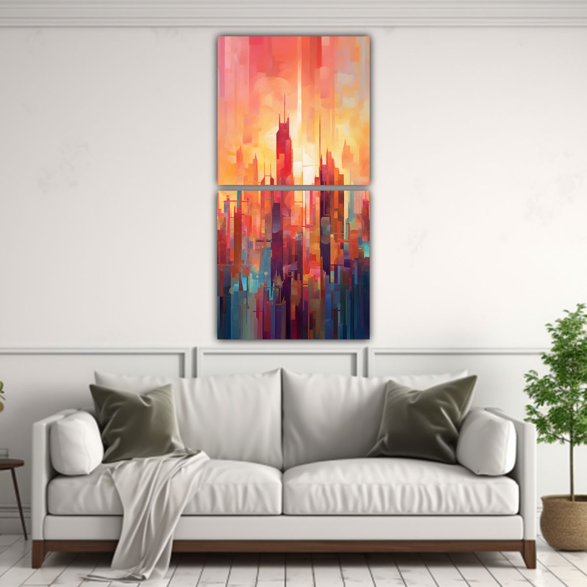 GENERICO - Cuadro Abstracto De Ciudad Con Dos Paneles En 70x140 Cm