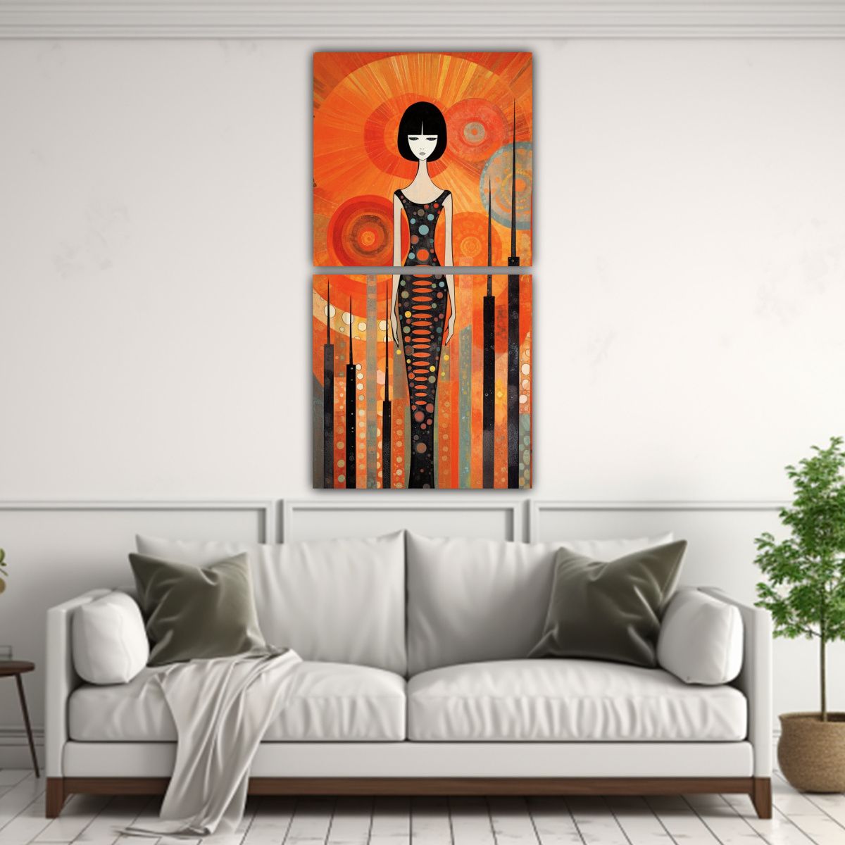 GENERICO - Pintura Mid Century Estilo Boho Naranja Negro 70x140 Cm