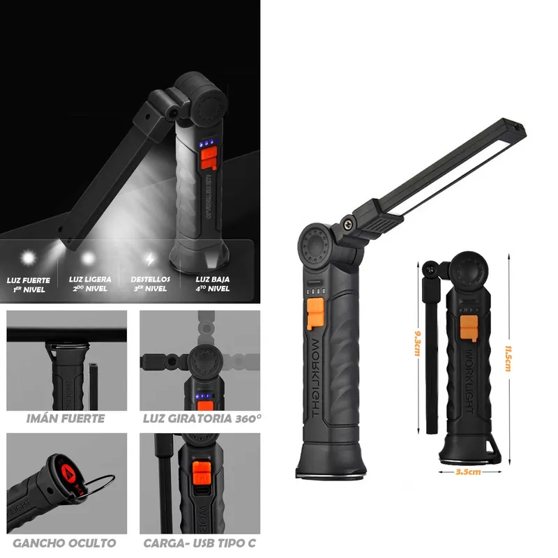GENERICO - Linterna LED COB 360° Recargable 4 Modos Trabajo USB