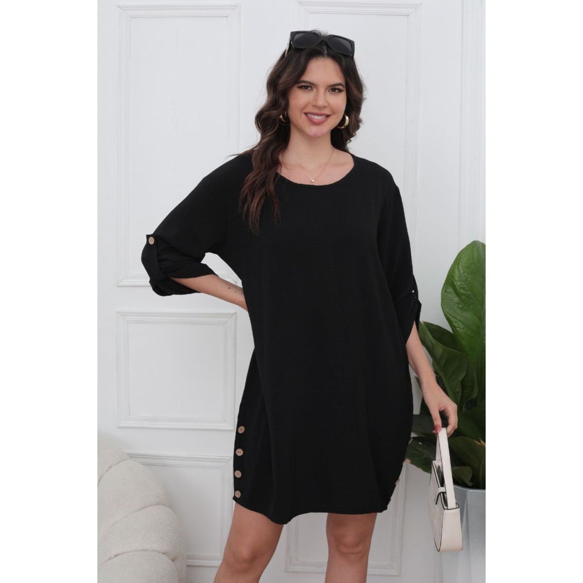 LIKE SHOP - Vestido Corto Blusón Algodón Mujer Manga Larga Casual 0071