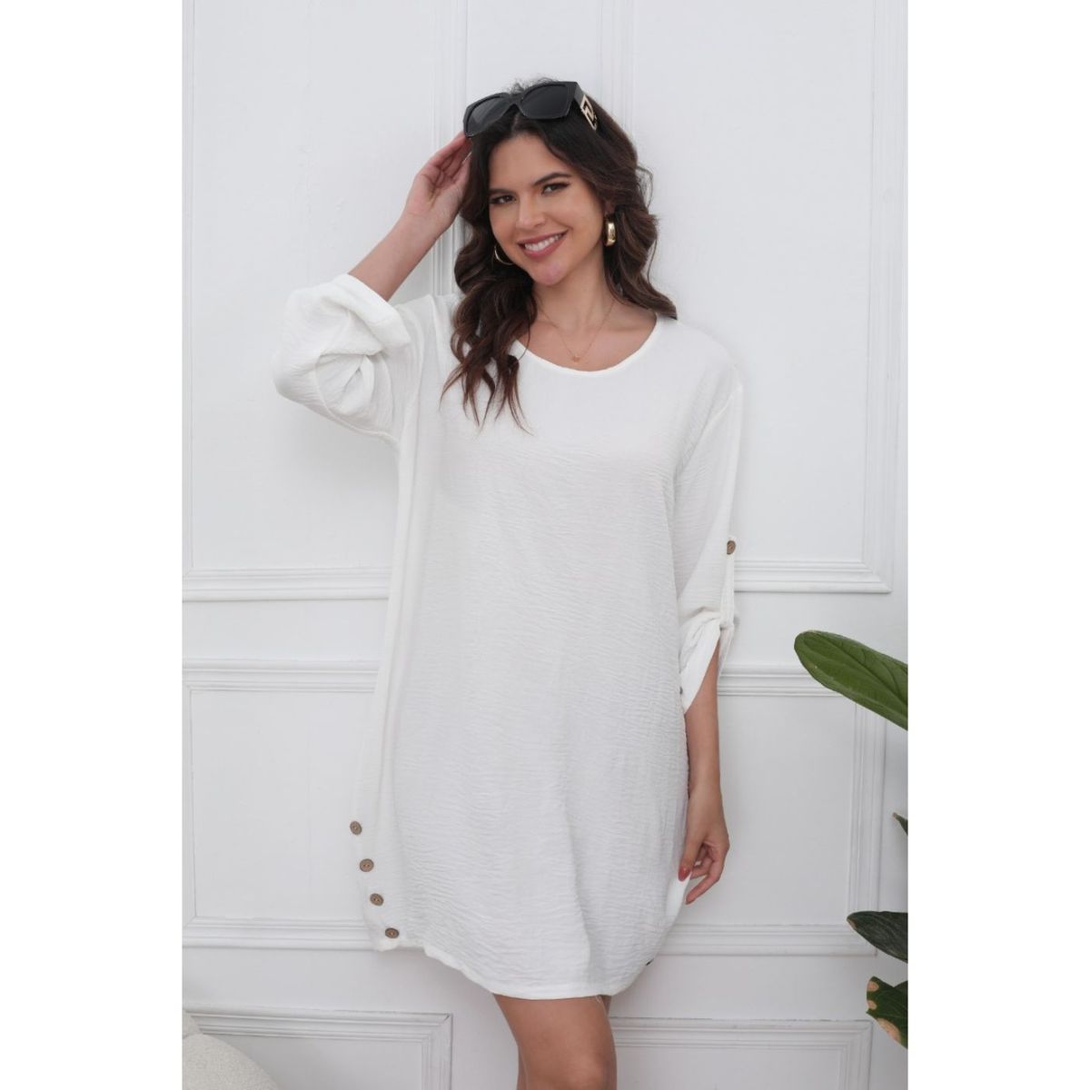 LIKE SHOP - Vestido Corto Blusón Algodón Mujer Manga Larga Casual 0071