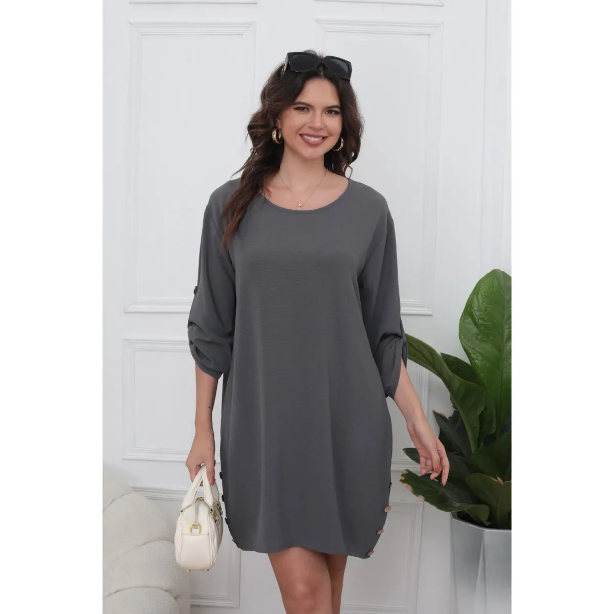 LIKE SHOP - Vestido Corto Blusón Algodón Mujer Manga Larga Casual 0071