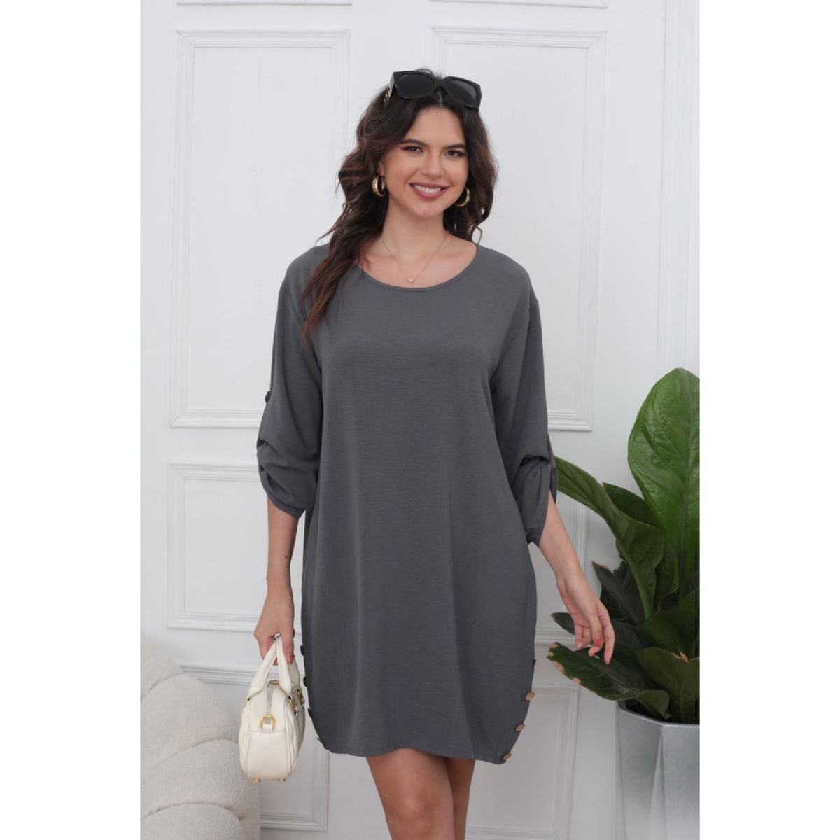 LIKE SHOP - Vestido Corto Blusón Algodón Mujer Manga Larga Casual 0071