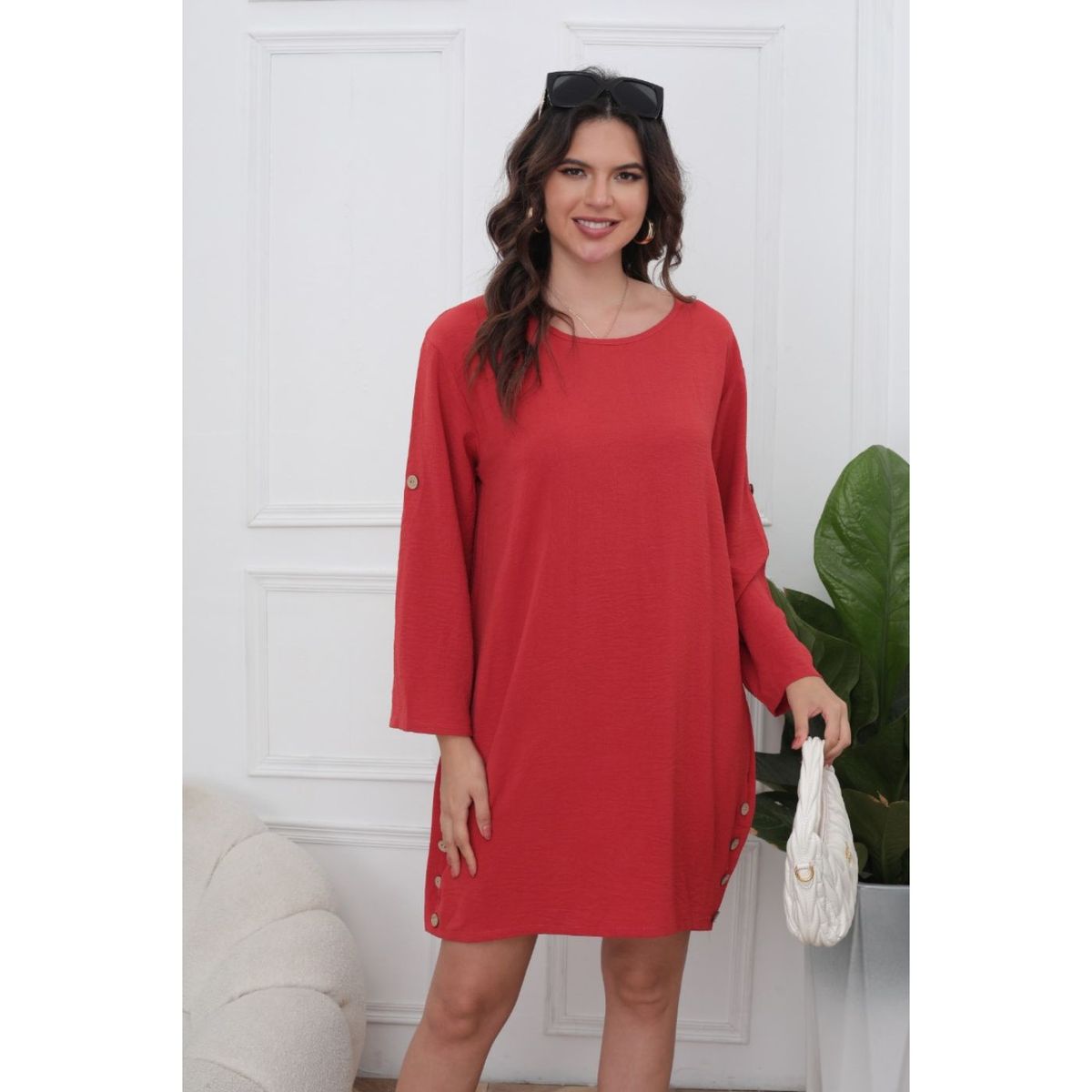 LIKE SHOP - Vestido Corto Blusón Algodón Mujer Manga Larga Casual 0071