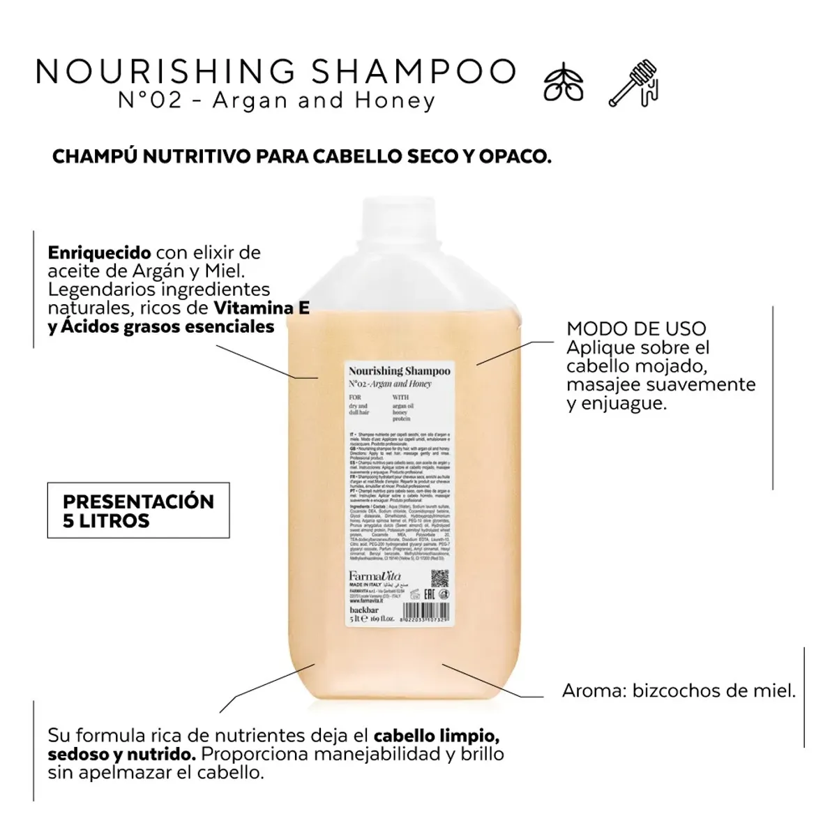 FARMAVITA - Farmavita Nourishing Shampoo Nro 02 Argan y Miel 5000 Ml