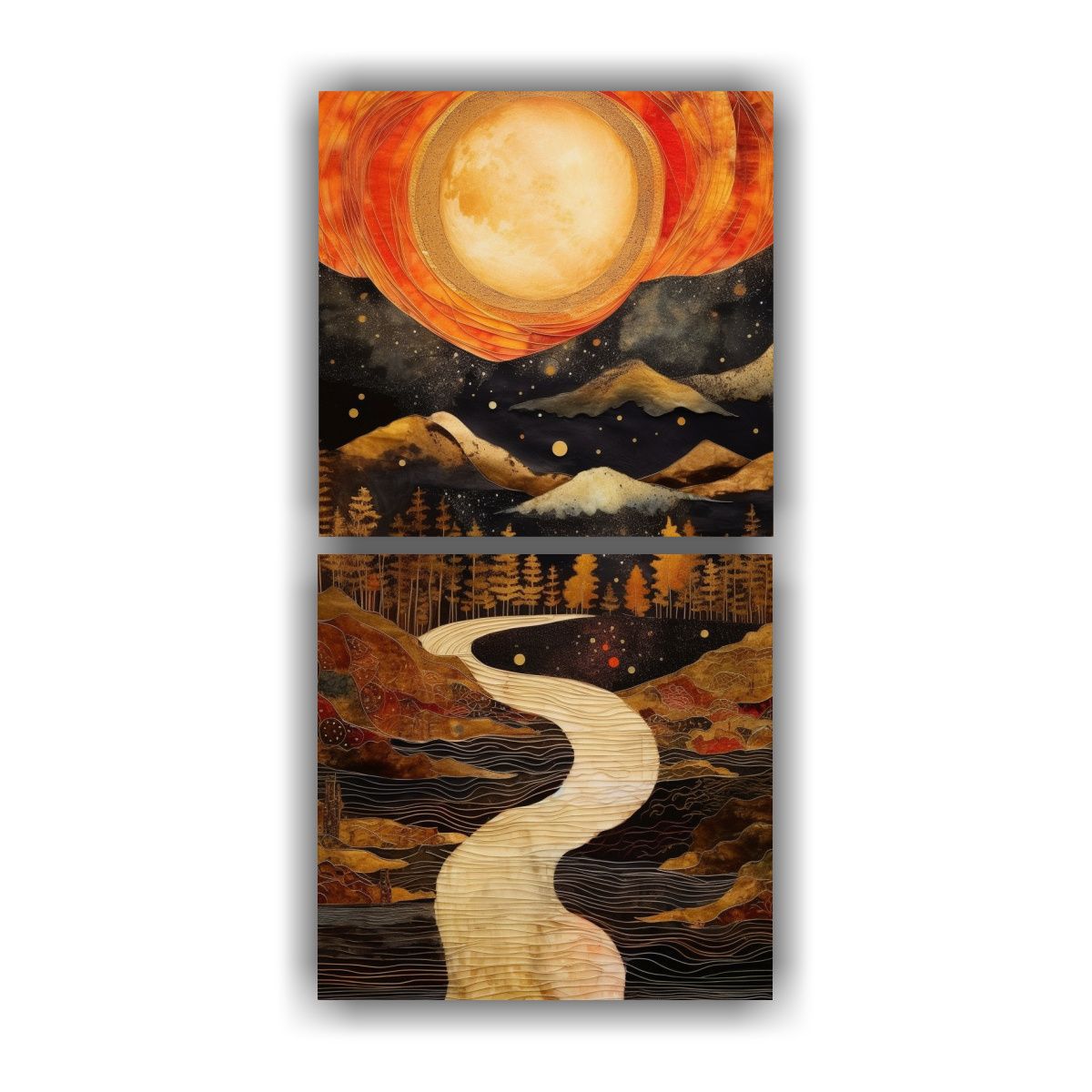 GENERICO - Pintura Urbana Con Luna Y Montañas Dos Cuadros 80x160 Cm