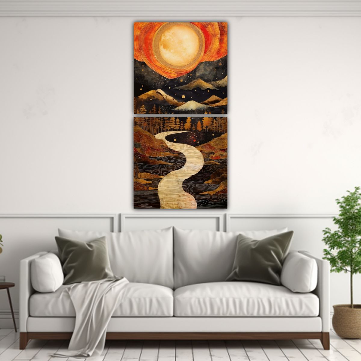 GENERICO - Pintura Urbana Con Luna Y Montañas Dos Cuadros 80x160 Cm