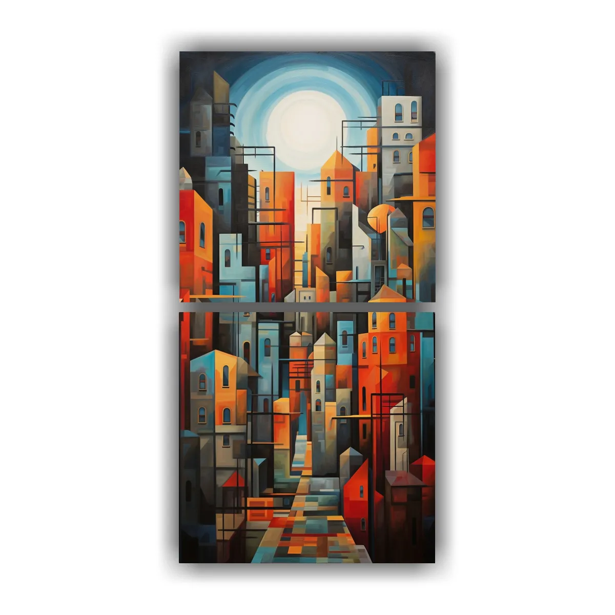GENERICO - Paisaje Urbano En Estilo Cubista Pintura 50x100 Cm