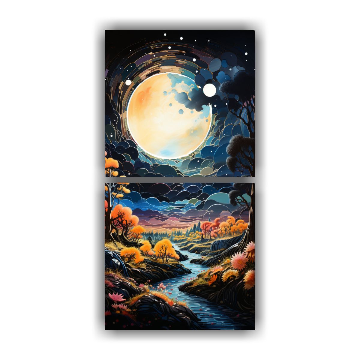 GENERICO - Pintura Floral Con Luna Y Montañas Set De 2 30x60 Cm