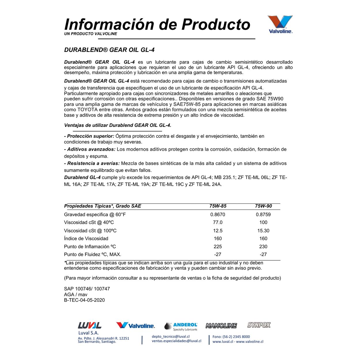 VALVOLINE - Lubricante 75w85 Norma Gl4 para Cajas y Transmisiones