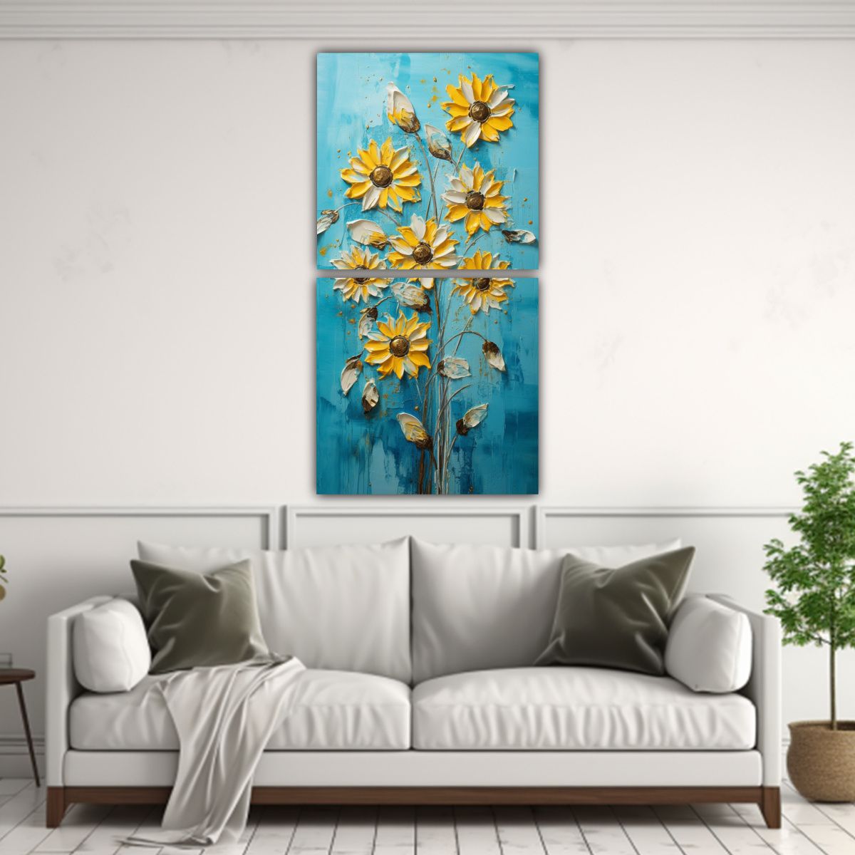 GENERICO - Pintura Acuarela Girasoles Turquesa En Lienzo 20x40 Cm