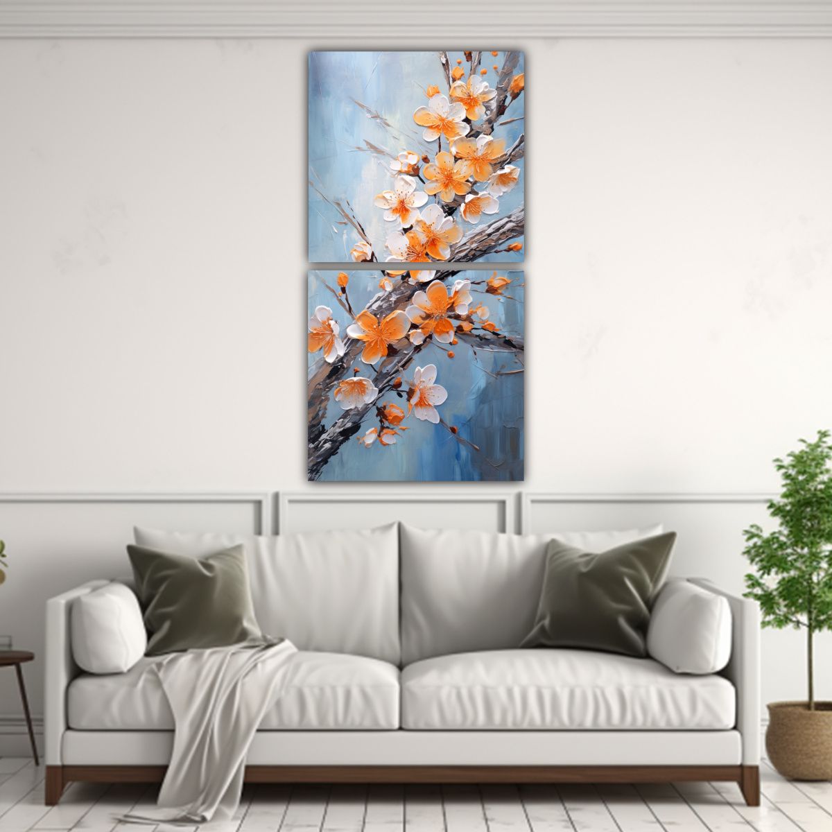 GENERICO - Dos Lienzos Modernos De Flores De Cerezo Naranjas 30x60 Cm