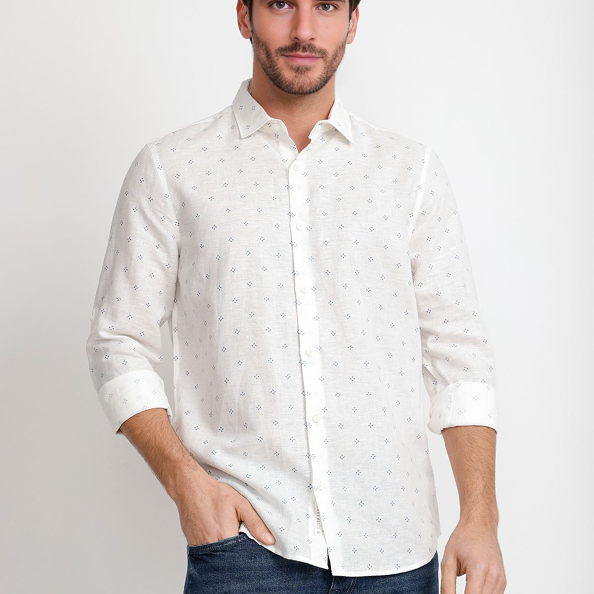 PERRY ELLIS - Camisa Hombre Lino Estampado Blanco