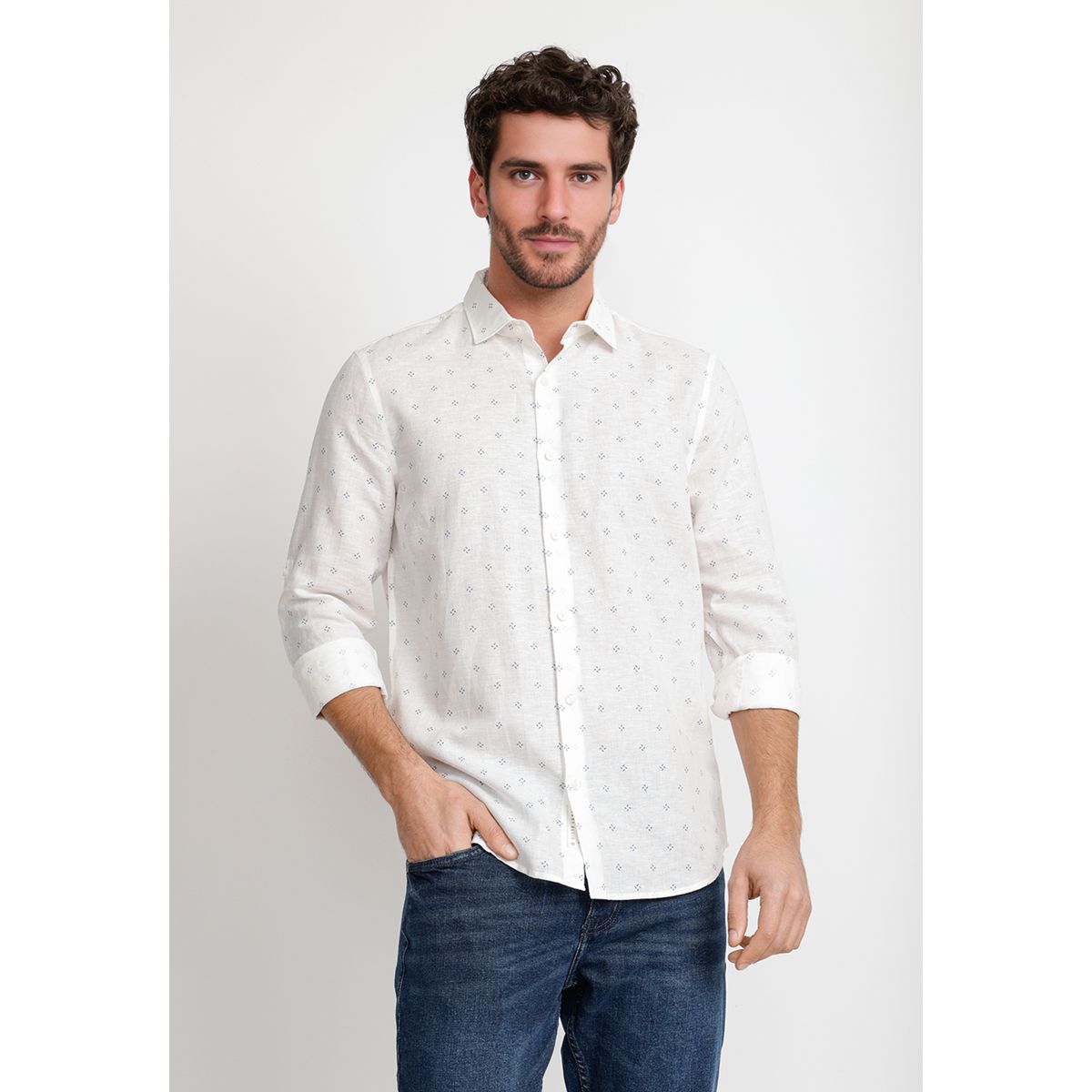 PERRY ELLIS - Camisa Hombre Lino Estampado Blanco
