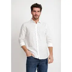 PERRY ELLIS - Camisa Hombre Lino Estampado Blanco
