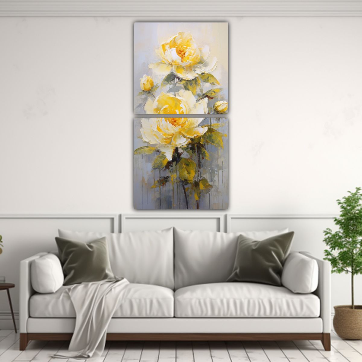 GENERICO - Dos Pinturas Vintage De Peonías Amarillas En 60x120 Cm