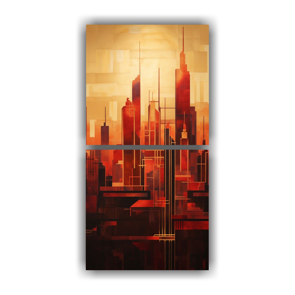 GENERICO - Pintura Diptico De Paisaje Urbano Al Amanecer 40x80 Cm