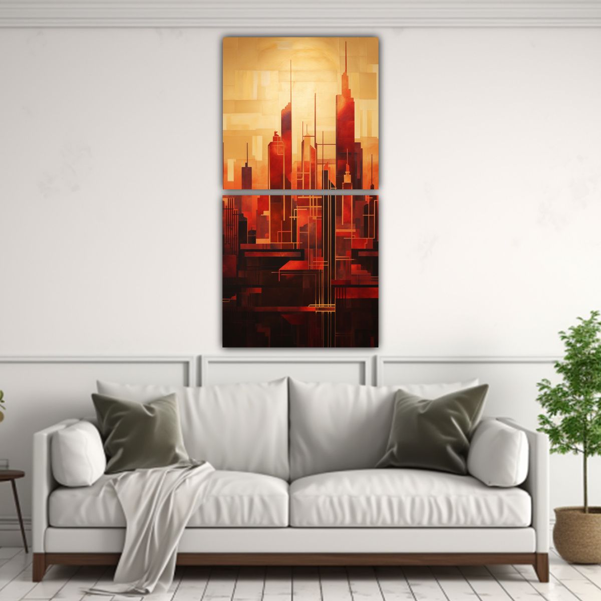 GENERICO - Pintura Diptico De Paisaje Urbano Al Amanecer 40x80 Cm