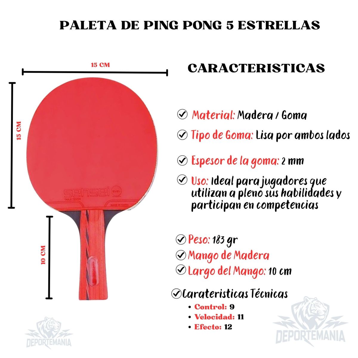 SENSEI - Paleta De Ping Pong Sensei 5 Star Negra Y Roja