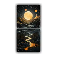 GENERICO - Cuadro De Montaña Y Fases Lunares En Dorado Para 60x120 Cm