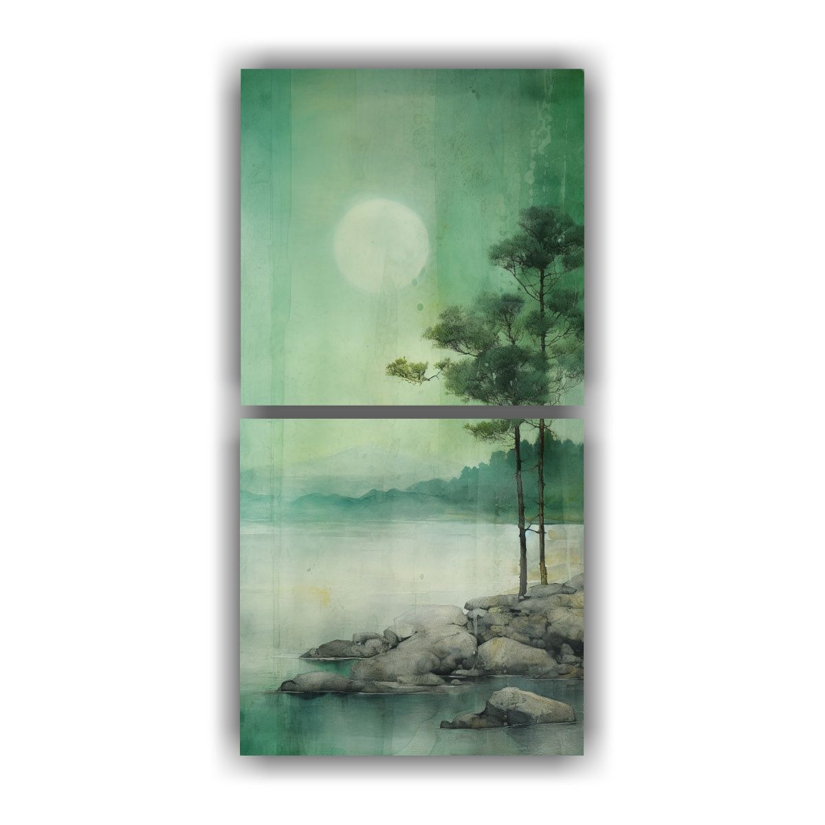 GENERICO - Pintura Diptico Ambiente En Teal Verde Y Plata En 40x80 Cm