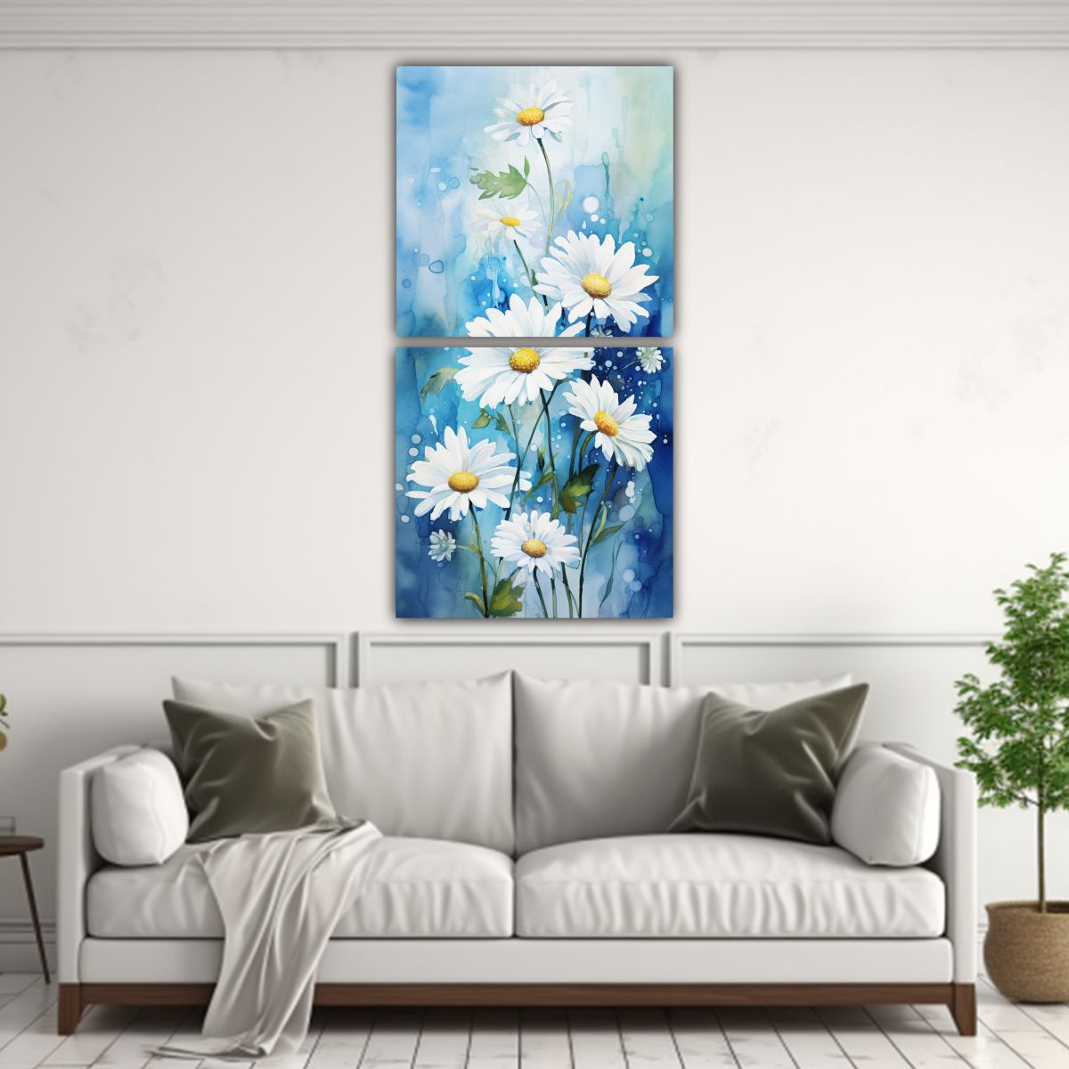 GENERICO - Pintura Abstracta De Flores Blancas Y Azules Dos 50x100 Cm