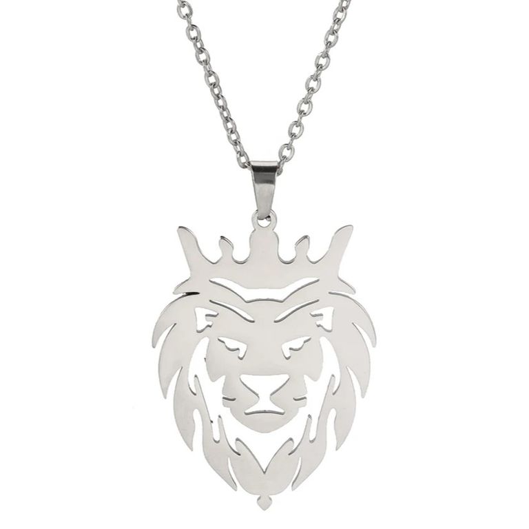 Collar Cabeza Leon Corona King Acero Plateado Plateado TALLA UNICA