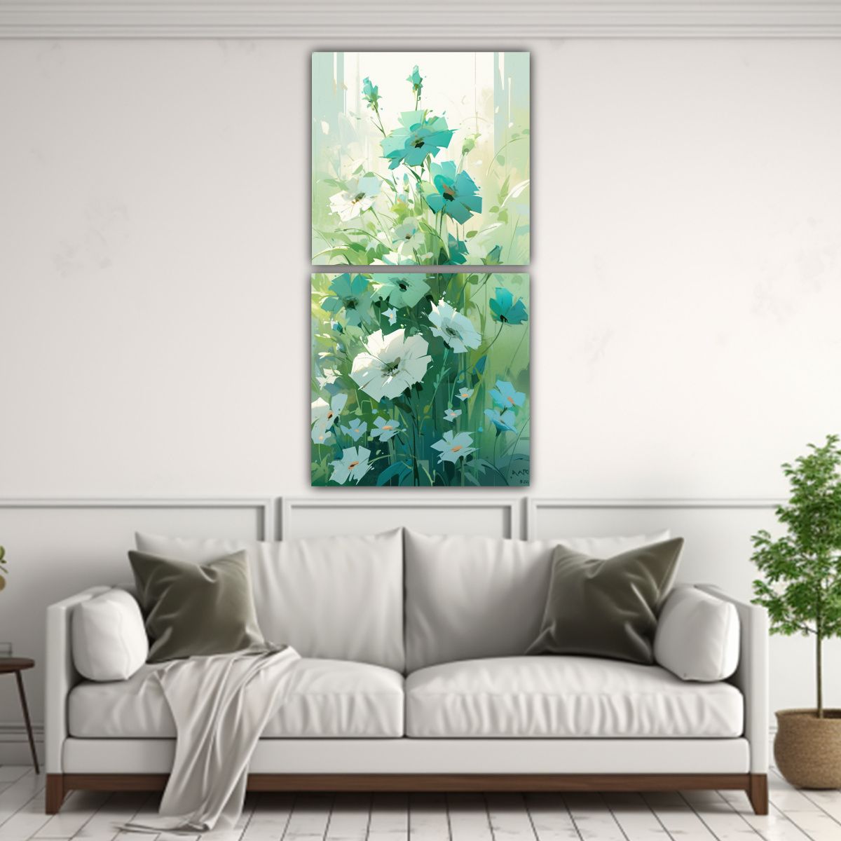 GENERICO - Pinturas De Flores En Lienzo Verde Y Cian 60x120 Cm