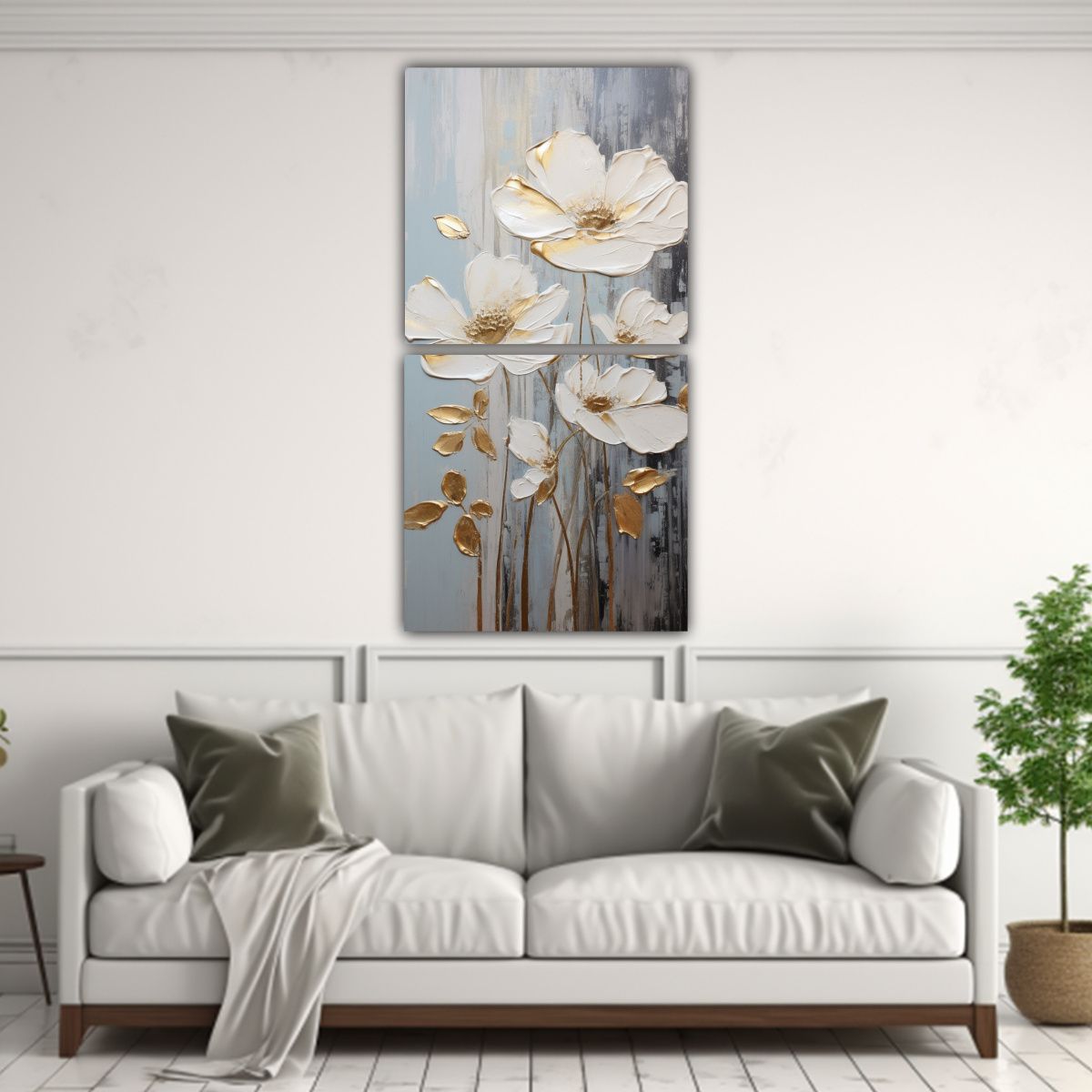 GENERICO - Pintura Floral A Blanco Y Oro Sobre Lienzo En La 40x80 Cm