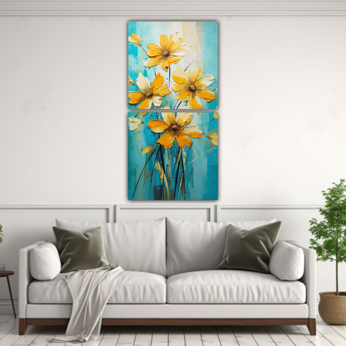 GENERICO - Pintura En Lienzo De Flores Amarillas Y Turquesas 50x100 Cm