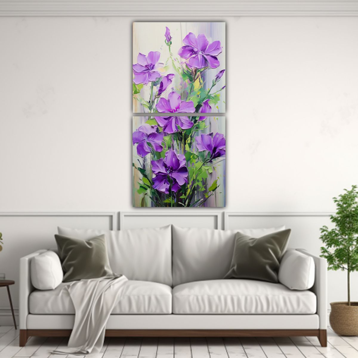GENERICO - Pintura Sobre Lienzo De Flores Verdes Y Moradas 30x60 Cm