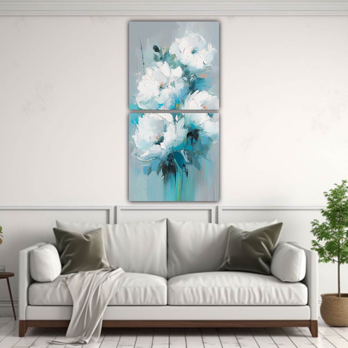 GENERICO - Pintura En Lienzo De Flores Blancas Y Turquesa 40x80 Cm