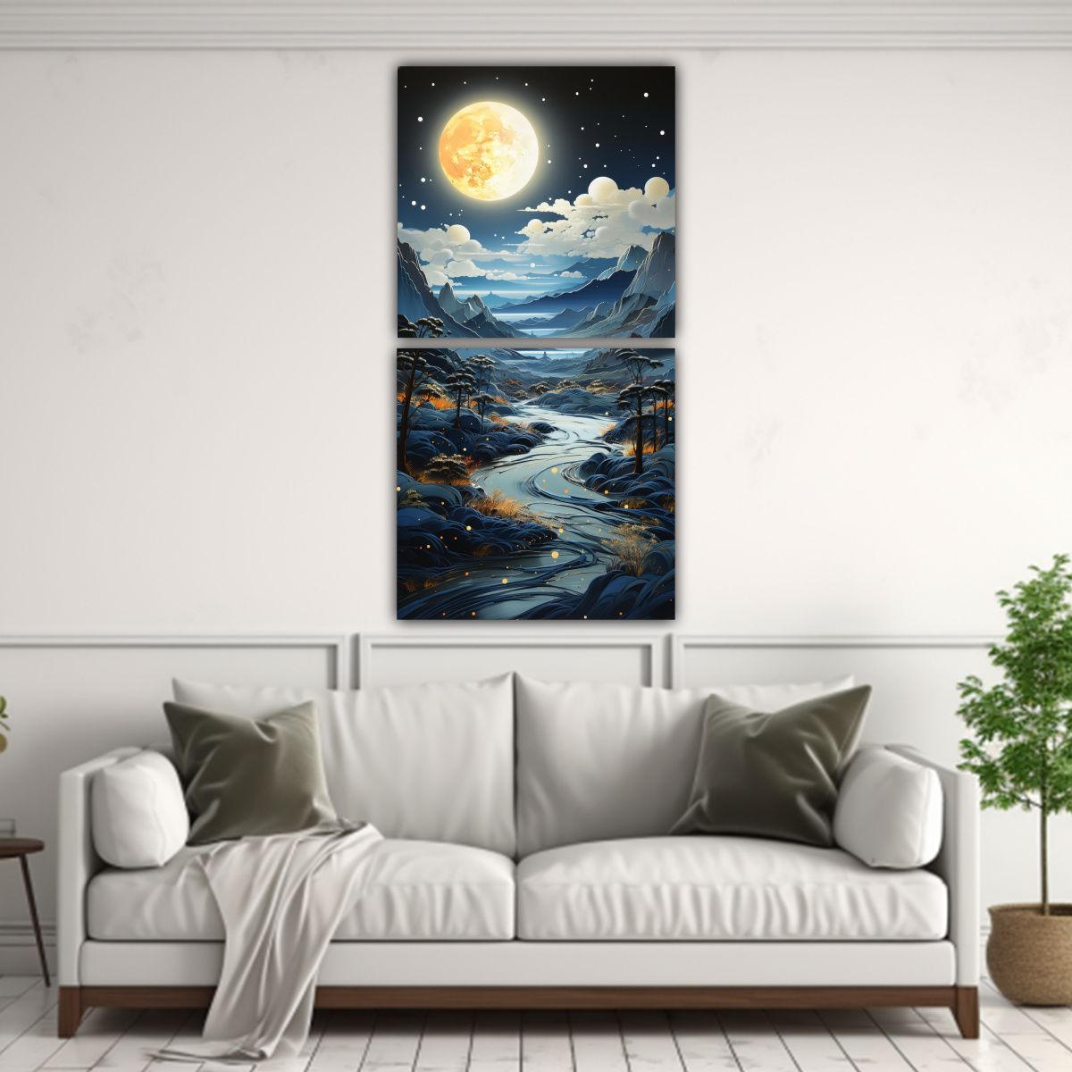 GENERICO - Cuadro Decorativo Con Luna Y Montañas En Tela 40x80 Cm