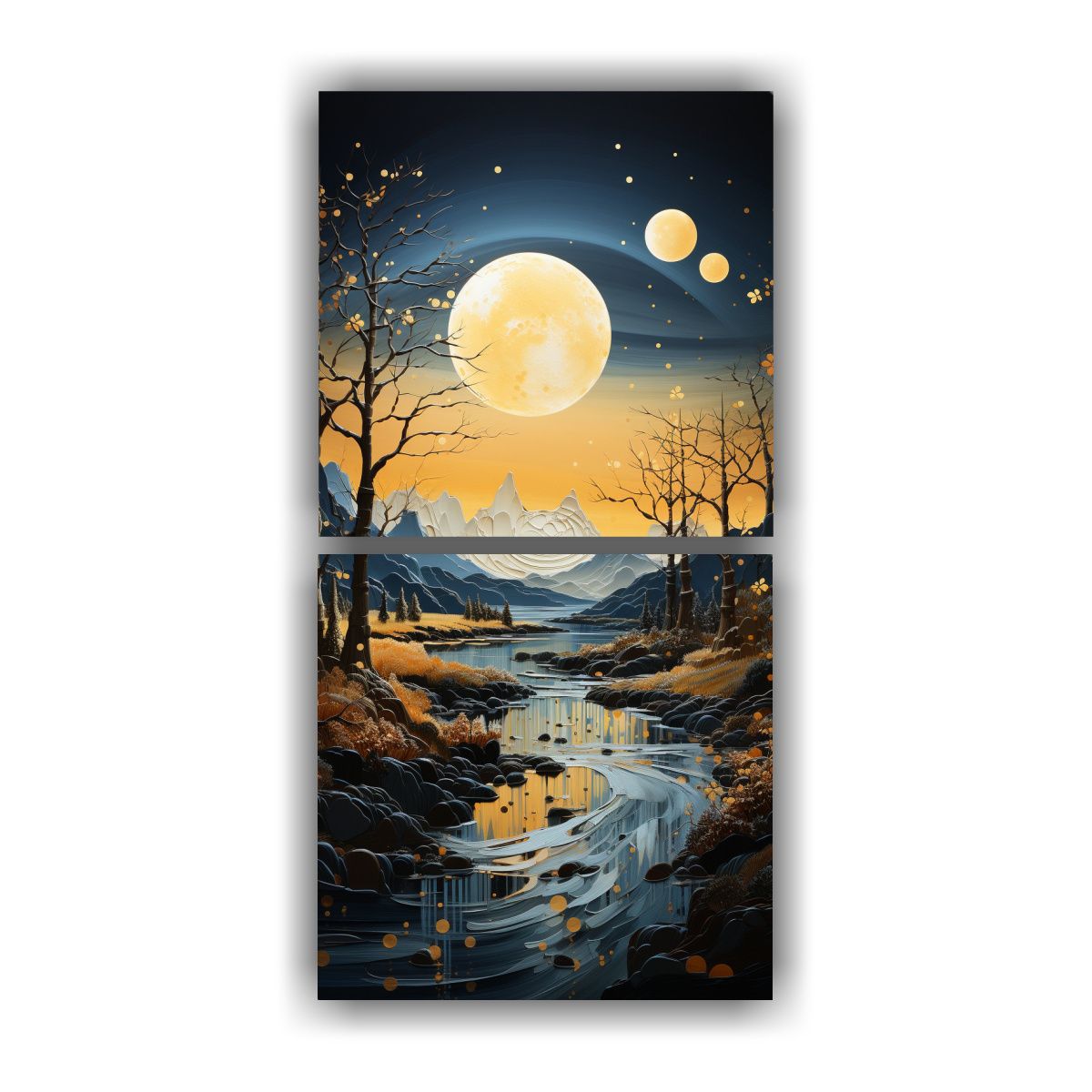 GENERICO - Cuadro Innovador Con Luna Y Montañas En Dos Telas 20x40 Cm