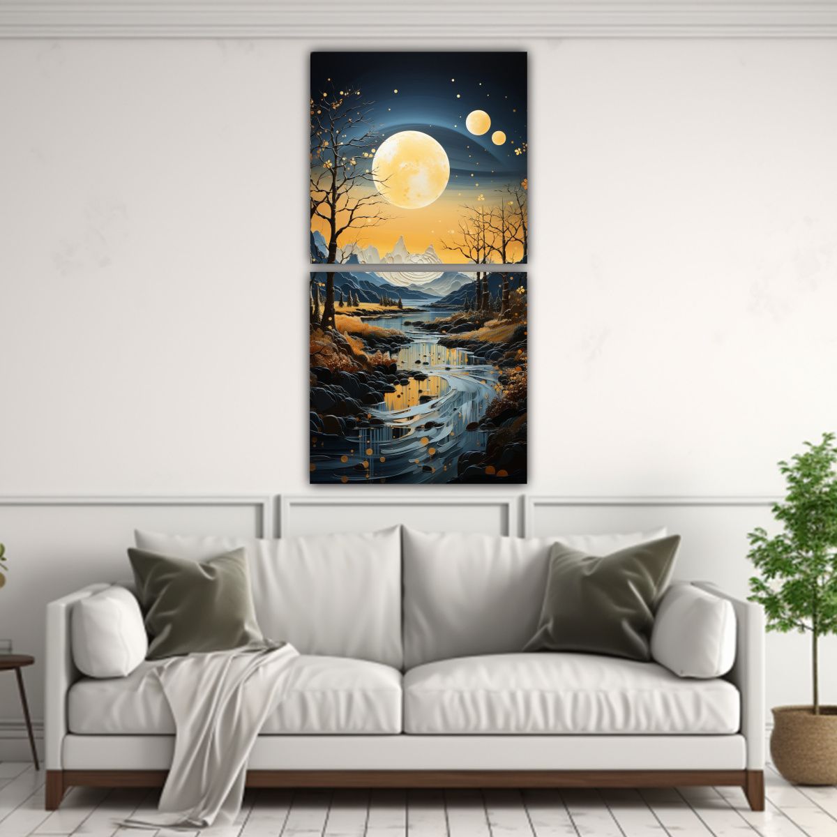 GENERICO - Cuadro Innovador Con Luna Y Montañas En Dos Telas 20x40 Cm