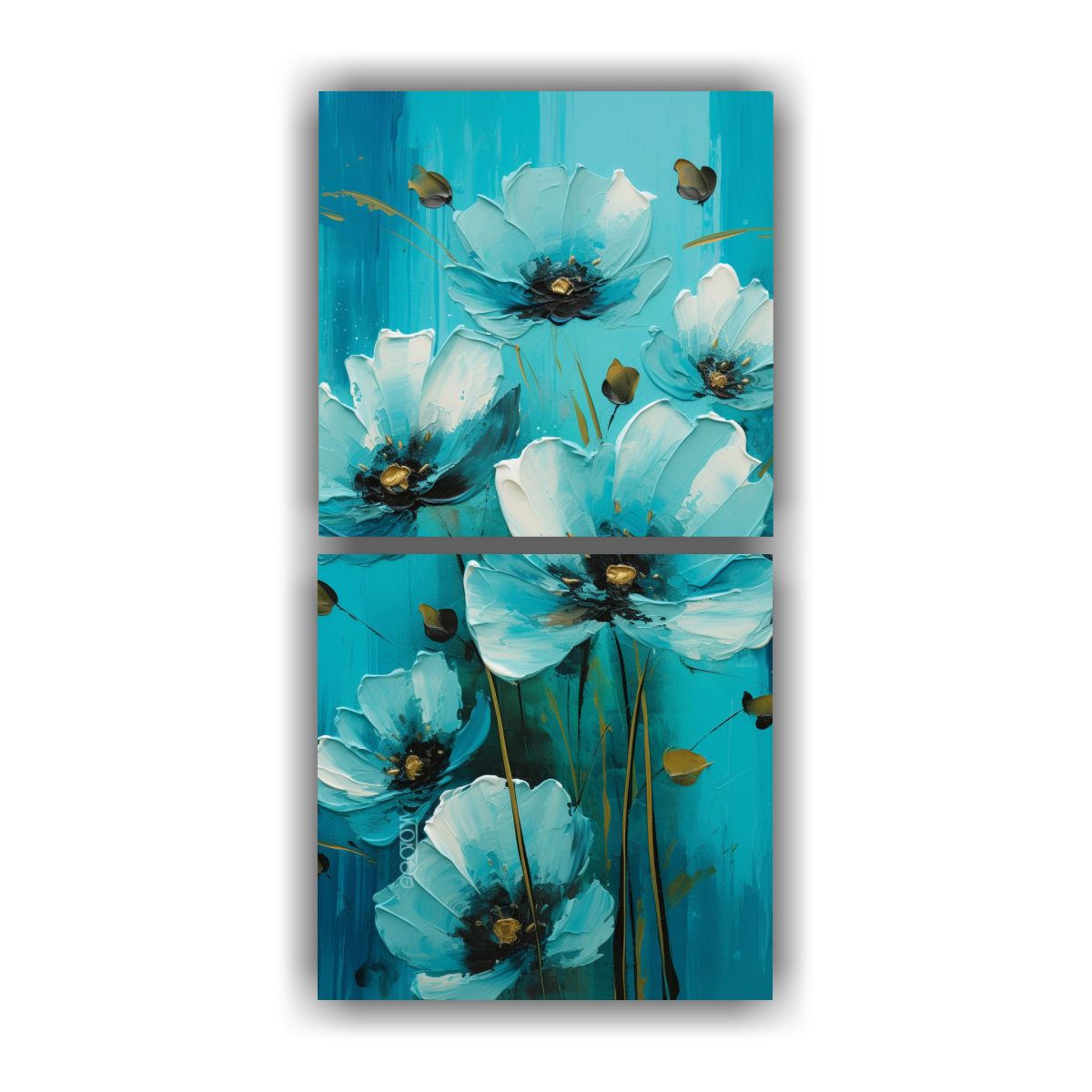 GENERICO - Díptico Flores Turquesa Y Negro Pintura En 50x100 Cm