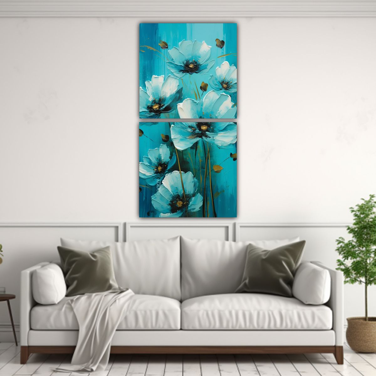 GENERICO - Díptico Flores Turquesa Y Negro Pintura En 50x100 Cm
