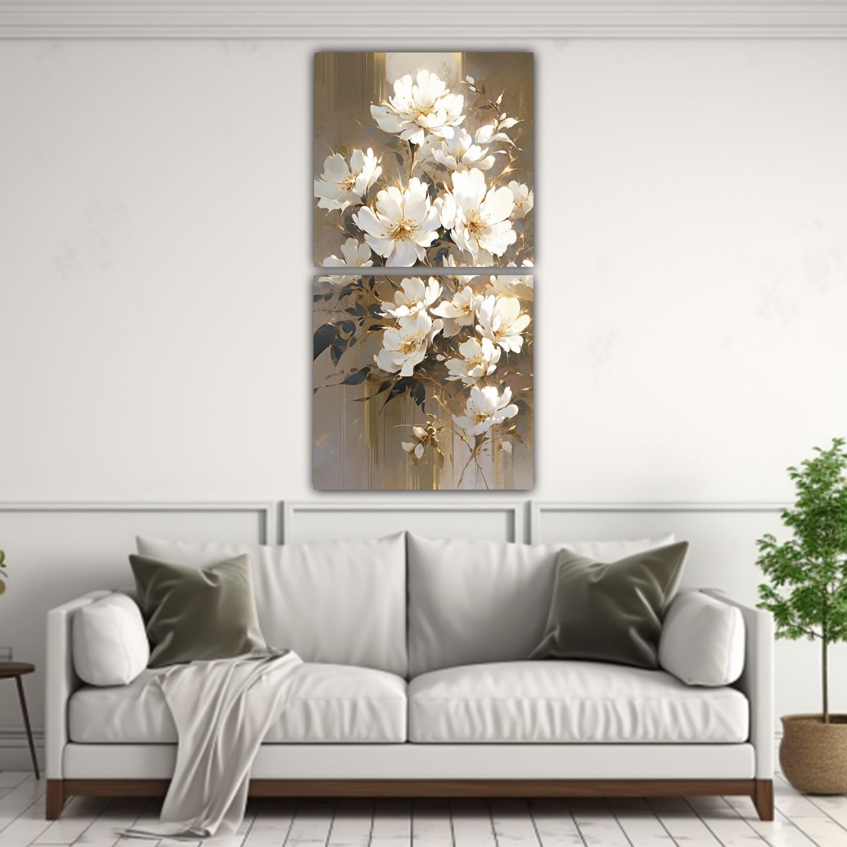 GENERICO - Cuadro Inspirador Blanco Y Dorado Con Flores En 40x80 Cm