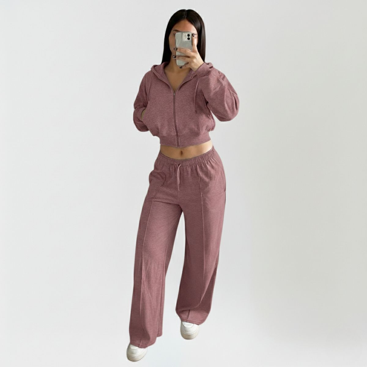 DESIGNERS - Conjunto Polerón Crop con Capucha y Pantalón Palazzo de Algodón Mujer