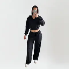 DESIGNERS - Conjunto Polerón Crop con Capucha y Pantalón Palazzo de Algodón Mujer