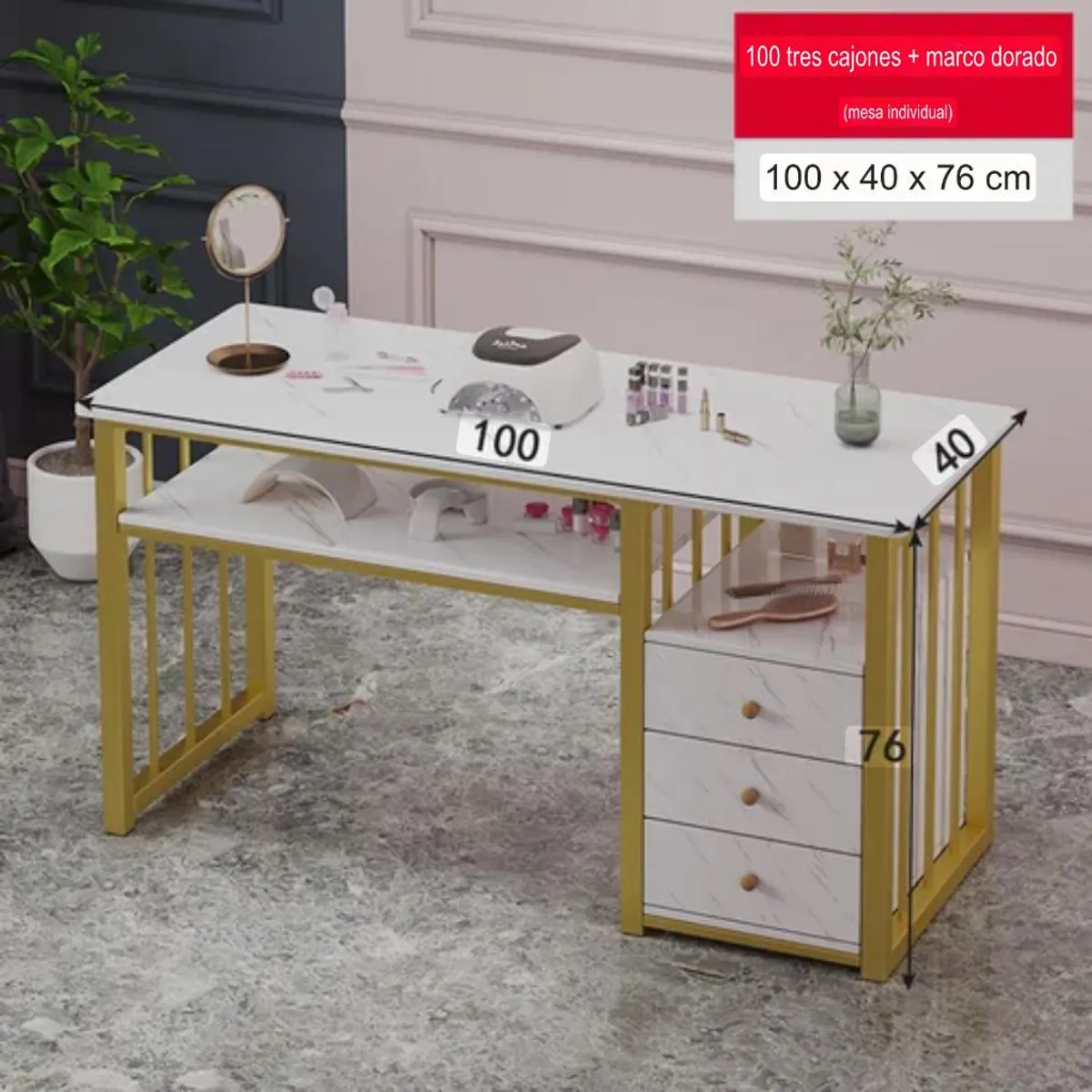 Mesa de Manicure Profesional con Cubierta Efecto Mármol y Cajones, marca ACTUAL - Foto 2