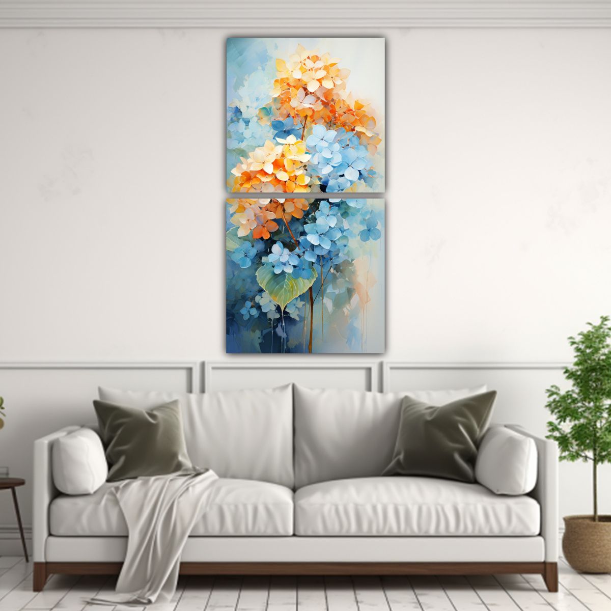 GENERICO - Cuadro Dibujo Escenario Hydrangeas Naranja Y Azul 40x80 Cm