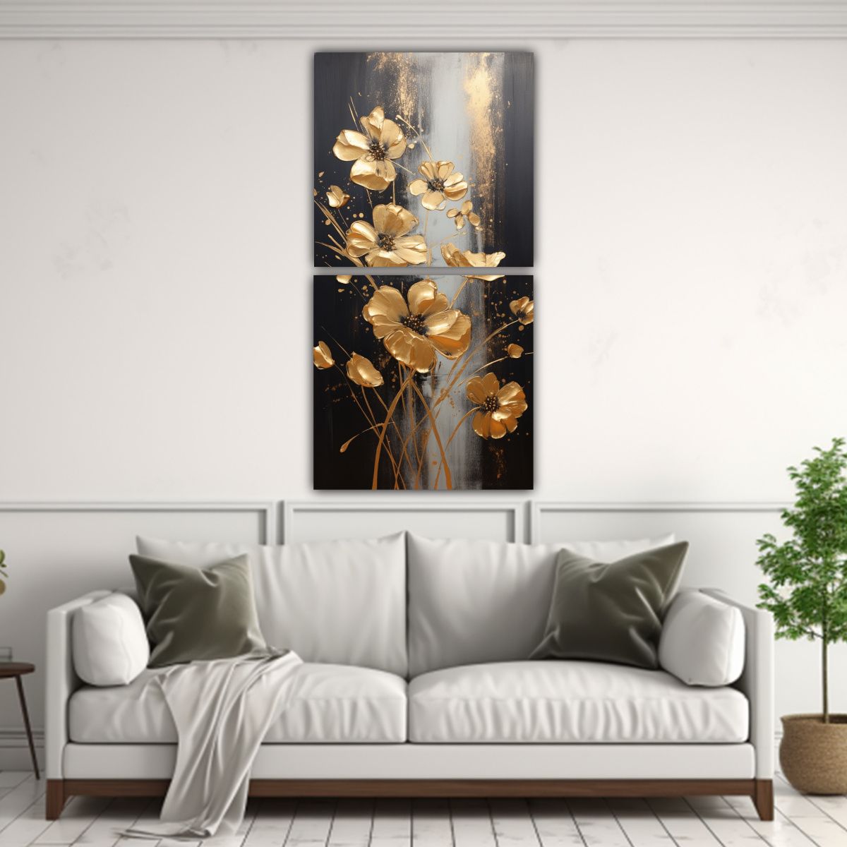 GENERICO - Pintura De Flores Doradas Y Negras En Lienzo Para 50x100 Cm
