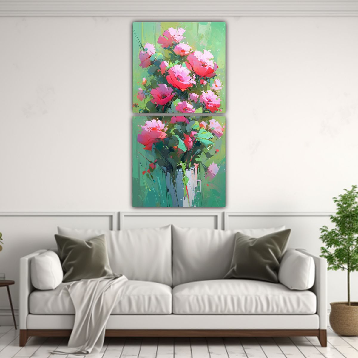 GENERICO - Cuadros Flores Verde Y Magenta En Lienzo 30x60 Cm