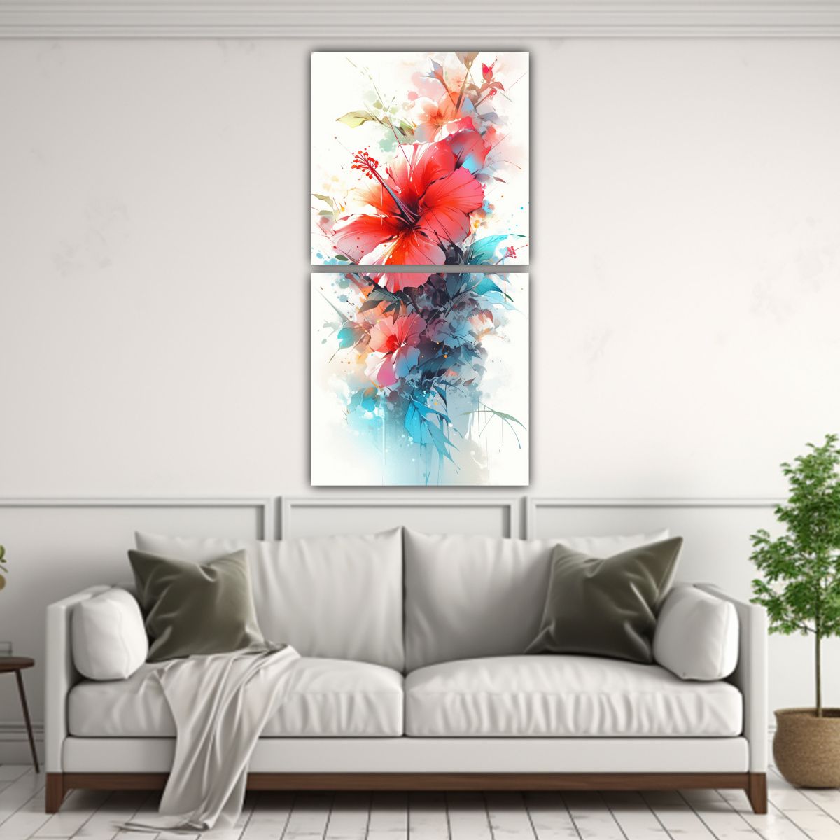 GENERICO - Pintura Acuarela Hibiscos Abstractos Vida En 60x120 Cm