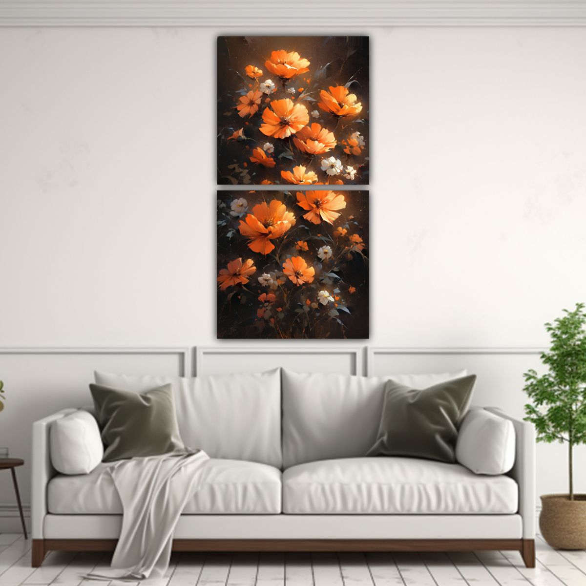 GENERICO - Arte De Pared Floral De Colores Naranja Y Negro 30x60 Cm