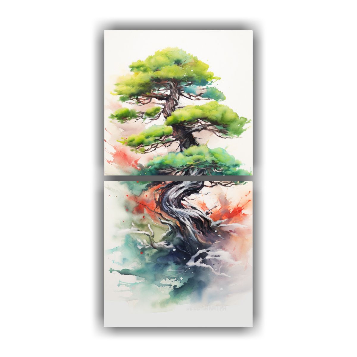 GENERICO - Pintura Acuarela árbol Bonsái Pino Colores 20x40 Cm