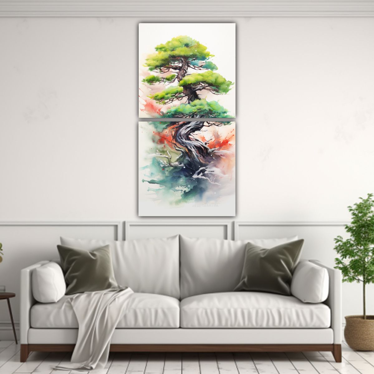 GENERICO - Pintura Acuarela árbol Bonsái Pino Colores 20x40 Cm
